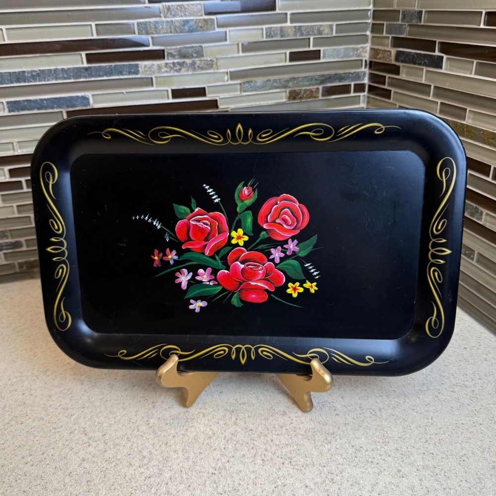 Vintage Black Metal Tole Tray Hand Painted Red Roses Gold Scrollwork 14" x 9"